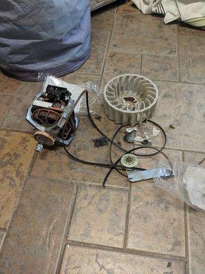 Whirlpool dryer drive motor and blower wheel replacement.