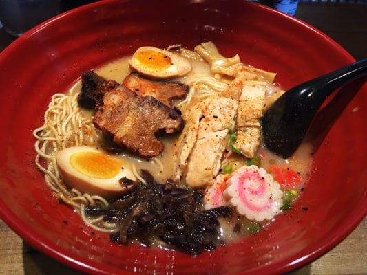 $15 for a small bowl. The chicken & pork were dry. The hard boiled eggs & the fish cake were cold.