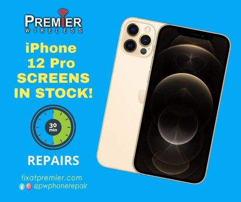 iPhone 12 Pro screens in Stock Now!! All iPhone screen repairs done in under 35 minutes.