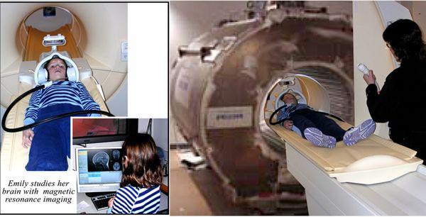 This is my daughter Emily having her brain scanned. The scanner is just a large magnet (right).