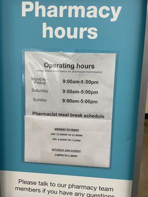 Updated pharmacy hours, September 2023