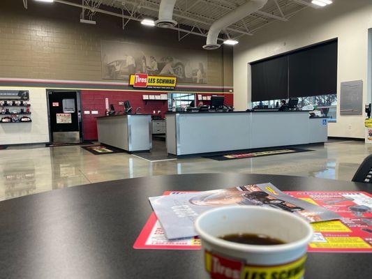 Very clean lobby area with complimentary coffee.