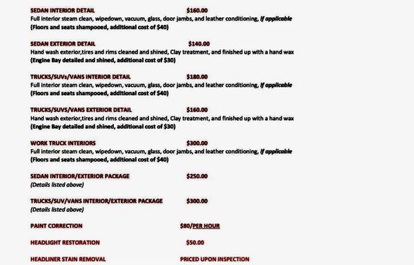 Auto detailing price sheet.