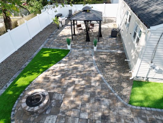 Pavers, Fence, Gazebo, Firepit, Gravel, Artificial Turf, & Lighting