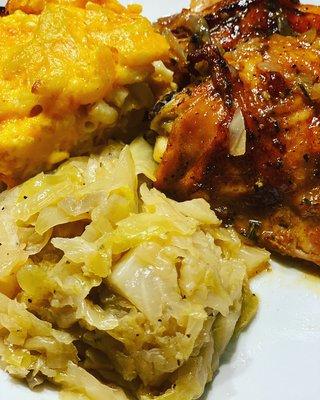 Southern Chicken, Baked Mac and Cheese with Cabbage