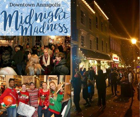 Fun late night holiday Midnight Madness is shopping events  in downtown on December evenings sponsored by the Downtown Annapolis Partnership