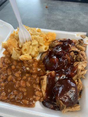 Baked Bean Macaroni and Cheese Chopped BBQ Chicken with 2 Sides