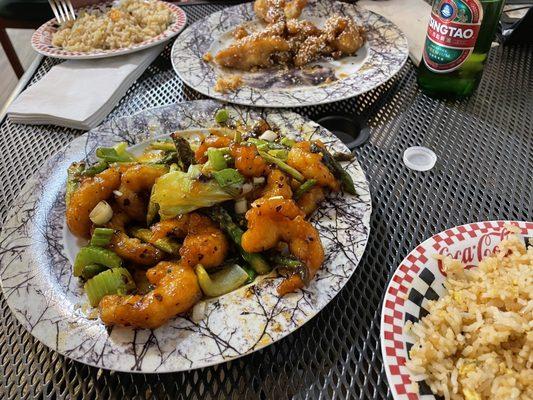 Spicy shrimp and part of serving of Sesame chicken ( we had eaten most already) with rice