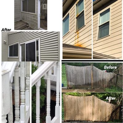 4 different images, wood restoration, rust removal (hard water stains), vinyl house cleaning