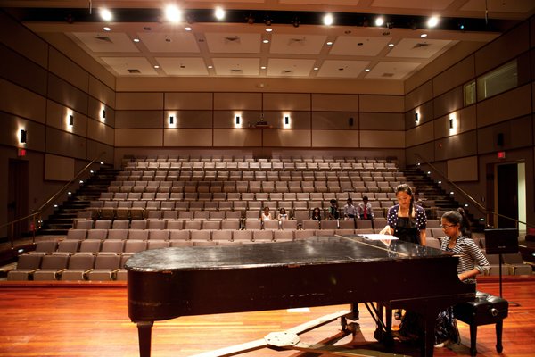 Piano teacher Loren Alonzo & student preparing for the annual ESOMA Grand Recital at Santa Clara University