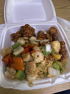 Salt and Pepper Shrimp, Orange Chicken, Garlic Chicken and Rice.