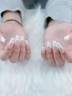 Fullset with french tips on nude color power and rhinestones