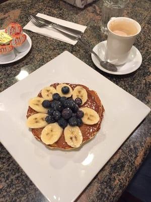 Blueberry banana pancakes and a latte