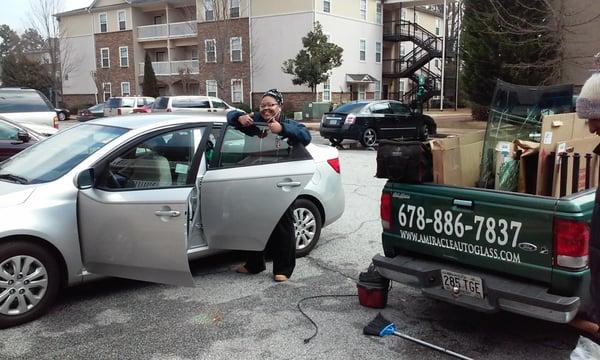 Not only did we replace her broken window bt also repaired her outer door handle while the door panel was off!...