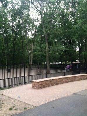 Stone benches outside the dog run