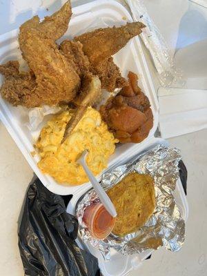 3 wings, mac & cheese, yams and pancake like cornbread  Oh my God  I want this right now!