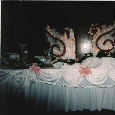 Sweet Table with Swan Large Ice Sculptures lit up with lights and Fresh Strawberries