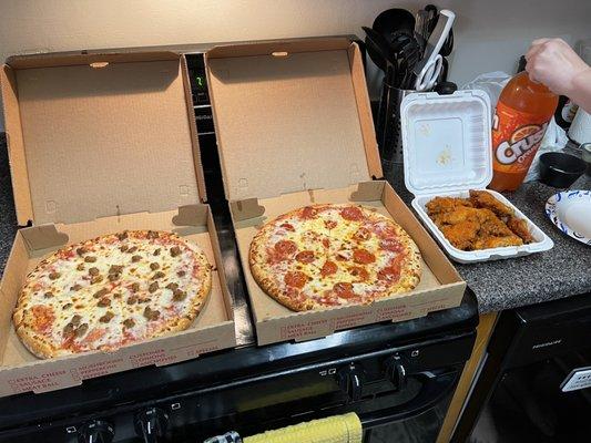 Italian Sausage Pizza, Pepperoni Pizza, and Buffalo Wings