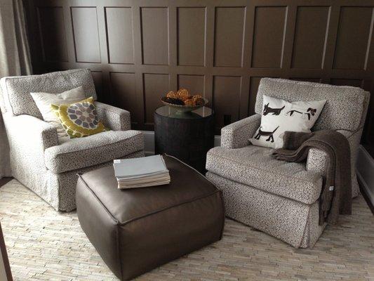 Custom made comfortable arm chairs with ottoman/coffee table.