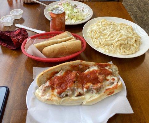 Chicken Parm Sandwich, Fettuccine Alfredo and Salad.