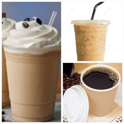 Hot, cold, and frozen coffee in several flavors.