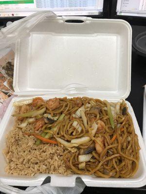 Shrimp lo mein and fried rice