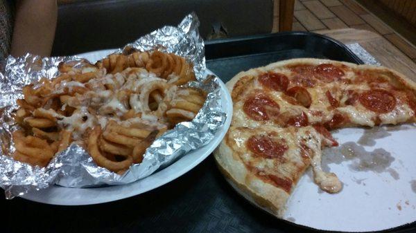 Pizza, cheese fries