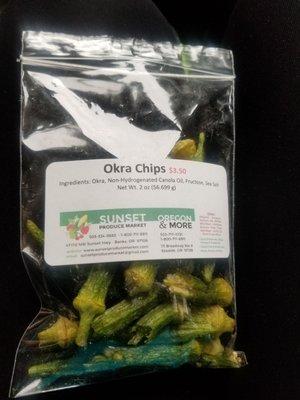 Okra Chips. Amazingly good, very crispy with a hint of sweetness. I should have bought more or a bigger bag.