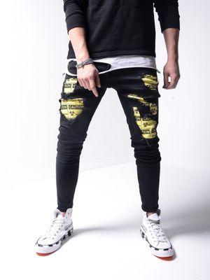 - PRODUCT FEATURES: Men’s Streetwear Denim, Jeans, Black, Ripped&Repaired, Type Prints on Right Leg, Ripped Knee, LATINFLOWFASHION