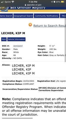 KIP M. LECHER'S Sex offender registry profile.