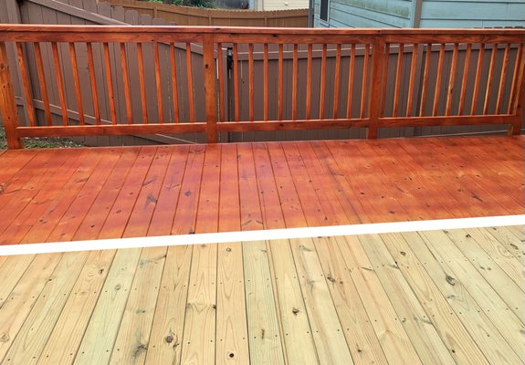 Before and after of a new Redwood deck.