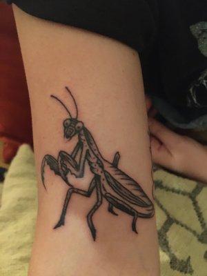 Praying mantis tattoo by Ian