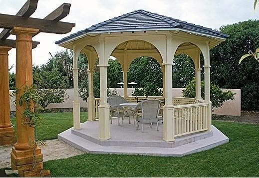 16-foot octagonal garden gazebo with tile roof and semi-circular arch panels