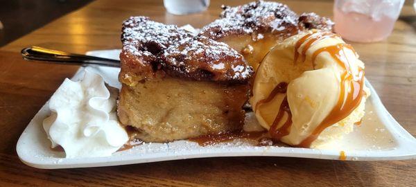 Banana bread pudding with vanilla ice cream.