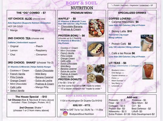 Body & Soul Nutrition Menu