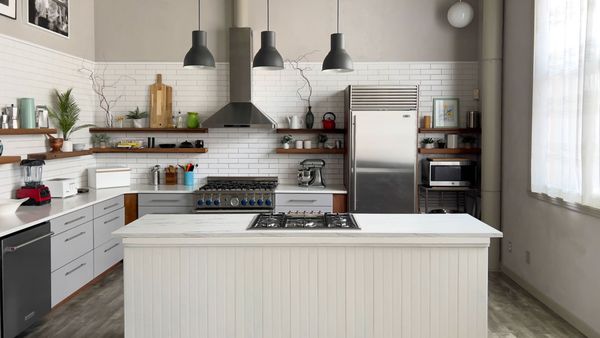 Bond Street Studio's Daylight Shoot Kitchen 1 with with white subway tile and portable Kitchen Island