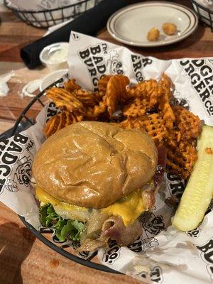 Chipotle burger with sweet potato waffle fries