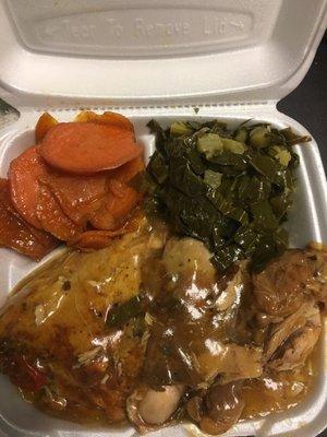 Smothered Chicken, greens & yams