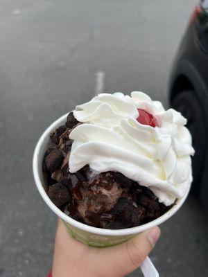 Chocolate by death sundae, it's chocolate ice cream with brownie bits and batter. Very good for chocolate lovers!