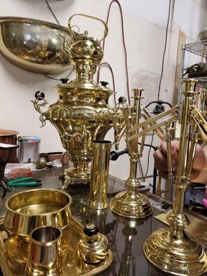 Family Samovar and candlesticks, both from 1800's.  Repaired, restored, and polished by the Awesome Josh.