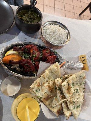 Mango Lassi, Tandoori Chicken, Garlic Naan, Saag Paneer