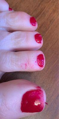 Nail polish never dried. Nails crudely cut, not filed even lightly - corners super sharp. This was no $60 pedicure!!