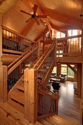 Timber frame home interior with custom stairs & handrails