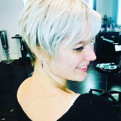 Platinum Blonde Color and Haircut by Cindy Renga.