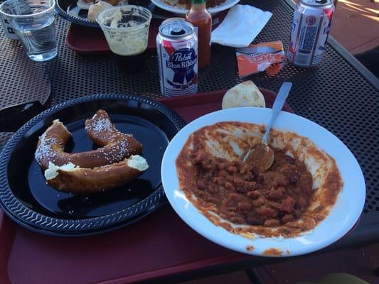 Bison chili, pretzel, and a PBR amongst the social elite. Maybe I don't fit in.