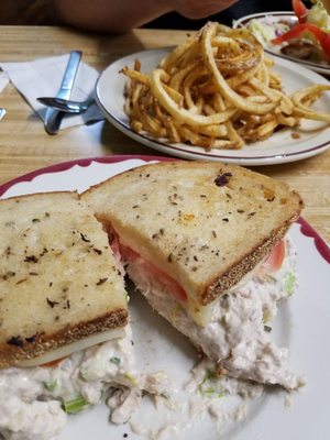 Tuna melt and curly fries