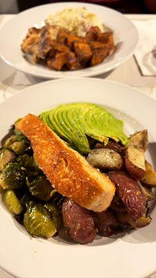 Pan Seared Salmon Plate with 3 sides: sea salt flaked half avocado, rosemary thyme roasted potatoes, chili honey brussel sprouts. So good!