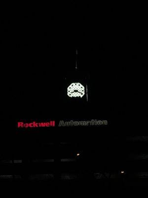 The former Allen Bradley now Rockwell Automation clock at night