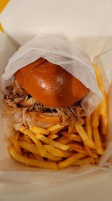 Pulled pork sandwich and fries.