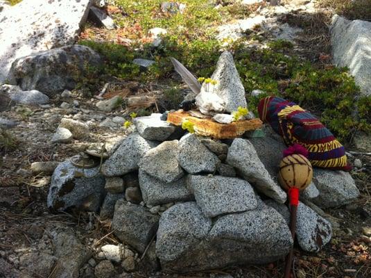 An apacheta (shamanic-empowered stone mound) near Horsetail Falls in the Sierra Mountains.